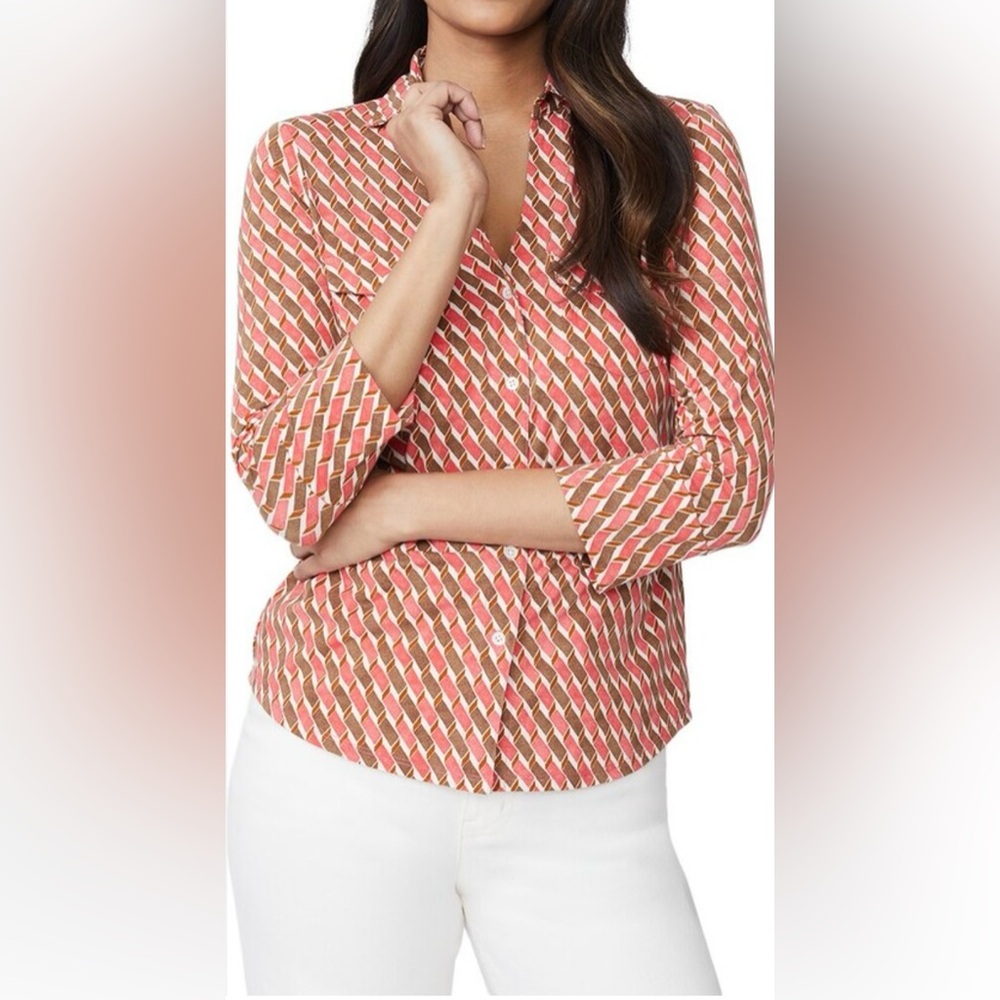 J McLaughlin Catalina Cloth Red Brown Geometric Button Blouse 3/4 Sleeve Sz L